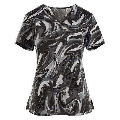 Medical Scrubs for Women Womens Scrub Tops Fashion Printed Work Uniform T-Shirt V Neck Short Sleeve Nurse Scrub Tunic Blouses with Pockets 5X-Large Black