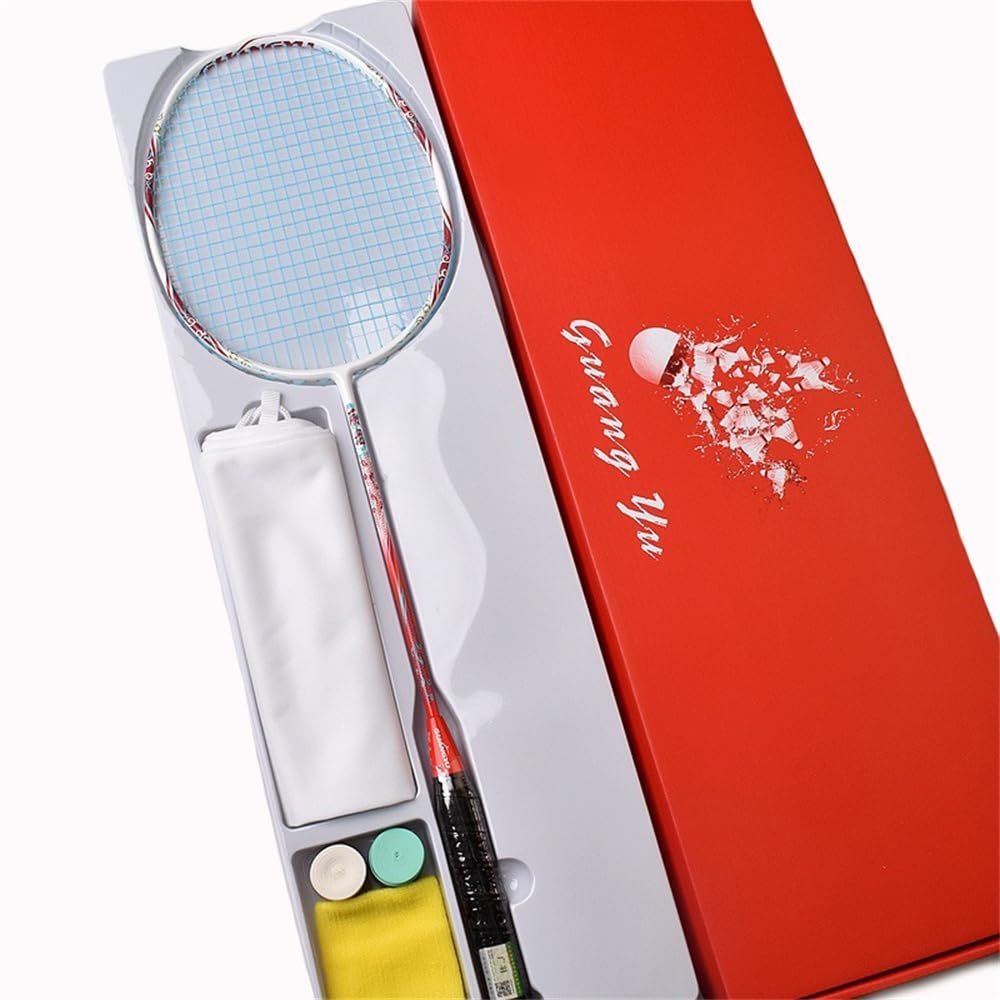 USYaya Professional Durable Adult Men Women Badminton Racket, 4U 82g G4 Full Carbon Fiber Sports Racquets (White bat+Blue line)