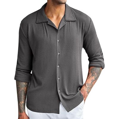 xoxingysm Mens Button Down Shirts Knitted Loose Fit Stretchy Textured Single Breasted Solid Long Sleeve Shirts Spring Fall Outdoor Hiking Camping Tops Soft Comfy Casual Tops Dark Gray
