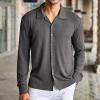 xoxingysm Mens Button Down Shirts Knitted Loose Fit Stretchy Textured Single Breasted Solid Long Sleeve Shirts Spring Fall Outdoor Hiking Camping Tops Soft Comfy Casual Tops Dark Gray view 2
