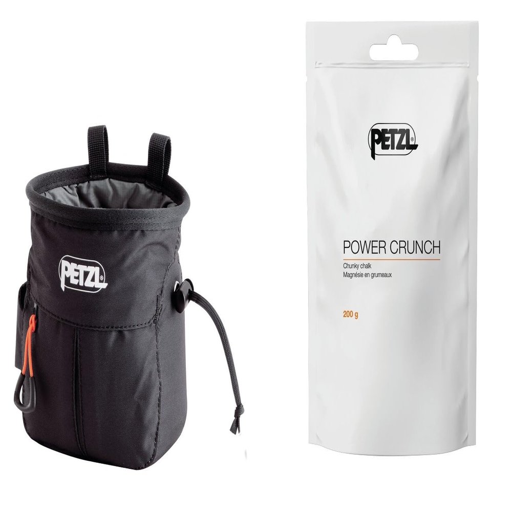 Petzl SAKAPOCHE Chalk Bag with Power Crunch Chalk (200g) - Ergonomic with Zip Pocket for Gym, Sports and Trad Climbing - Black