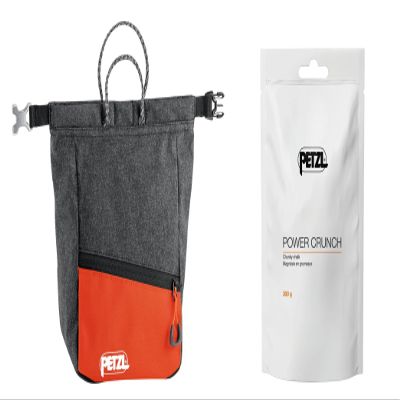 Petzl SAKAB Chalk Bag with Power Crunch Chalk (300g) - Large, Roll-Top Bouldering Chalk Bucket - Grey
