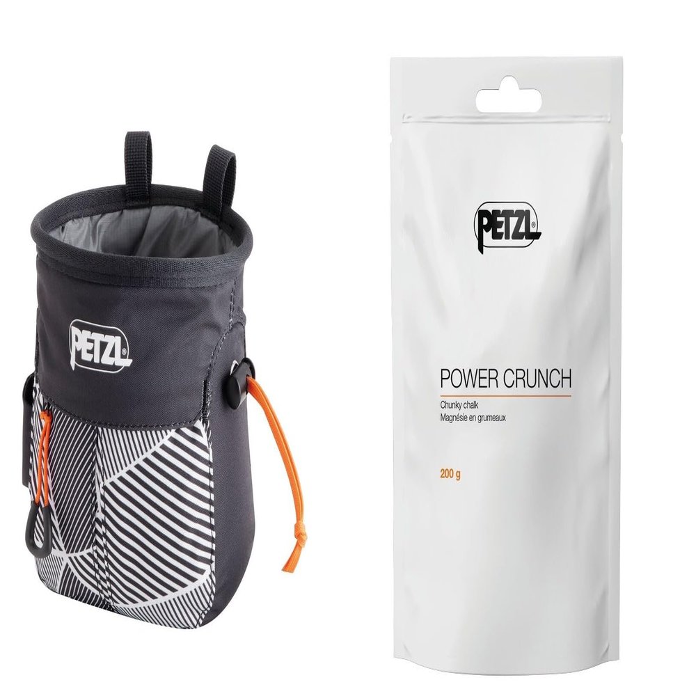 Petzl SAKAPOCHE Chalk Bag with Power Crunch Chalk (200g) - Ergonomic Bag with Zip Pocket for Gym, Sports and Trad Climbing - Black Dazzle