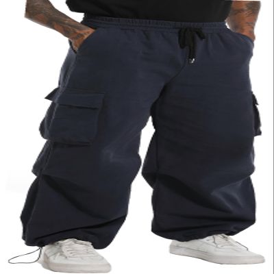 AITFINEISM Men's Casual Cargo Pant Elastic Waist Drawstring Streetwear Parachute Pants (34, Navy)