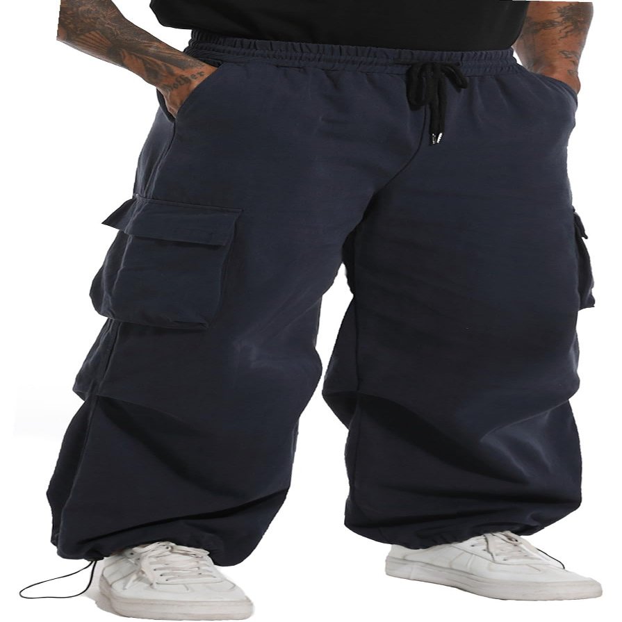 AITFINEISM Men's Casual Cargo Pant Elastic Waist Drawstring Streetwear Parachute Pants (34, Navy)