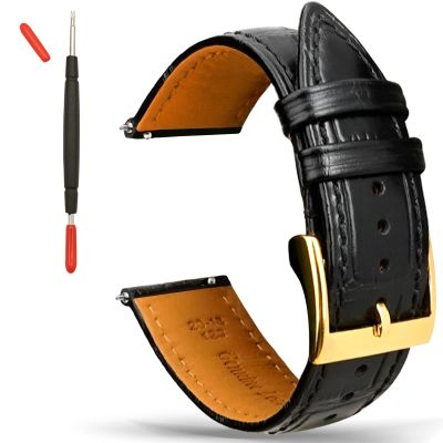 Gomvadr Handmade Croco/Alligator Genuine Leather Watch Band Quick Release Watch Straps Replacement with Stainless Steel Clasp for Men and Women, 24mm Blk/Gold Buckle