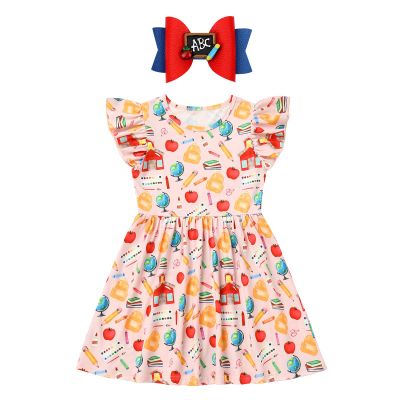 ABEWIP Toddler Girls Back to School Dress - Apple, Pencil, Crayon, Schoolbag, Letter Print Ruffle Dresses Pink Book 5-6Y