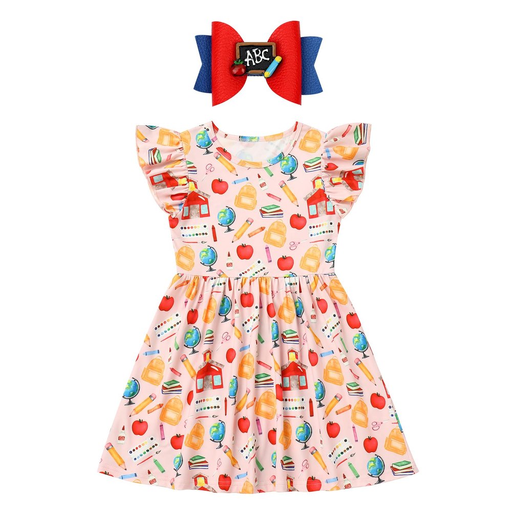 ABEWIP Toddler Girls Back to School Dress - Apple, Pencil, Crayon, Schoolbag, Letter Print Ruffle Dresses Pink Book 5-6Y