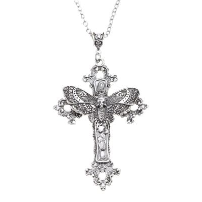 Large Moth Cross Necklace Pendant Floral Filigree Clavicle Chain Victorian Gothic Style Jewelry Amulet Choker