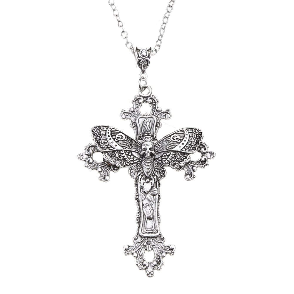 Large Moth Cross Necklace Pendant Floral Filigree Clavicle Chain Victorian Gothic Style Jewelry Amulet Choker
