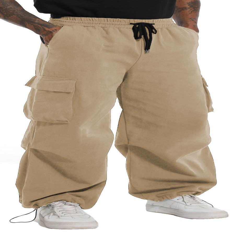 AITFINEISM Men's Casual Cargo Pant Elastic Waist Drawstring Streetwear Parachute Pants (40, Khaki)