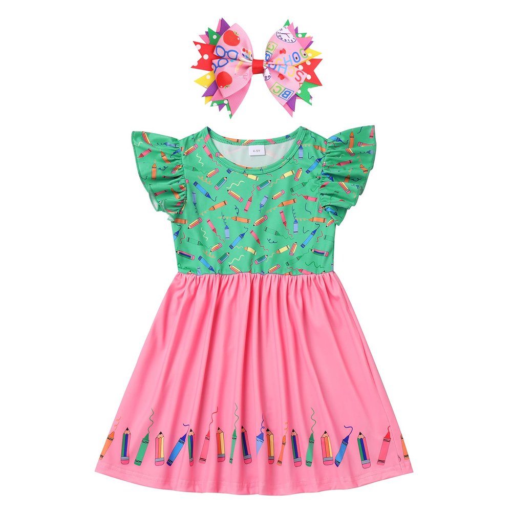 ABEWIP Toddler Girls Back to School Dress - Apple, Pencil, Crayon, Schoolbag, Letter Print Ruffle Dresses Green Pink Pencil 5-6Y