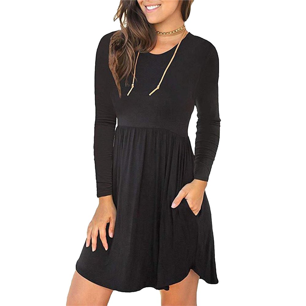 JEKE-DG Long Sleeve Dress for Women Loose Fit Swing Pleated Dress Casual Short T-Shirt Dresses with Pockets (Small,Black)