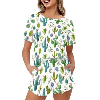 HELLHERO Cactus Pajamas Set for Women Summer Pjs T Shirt with Shorts Soft Loungewear Sleepwear Nightwear Clothes Outdoor Running Yoga Holiday Party Wedding 3X