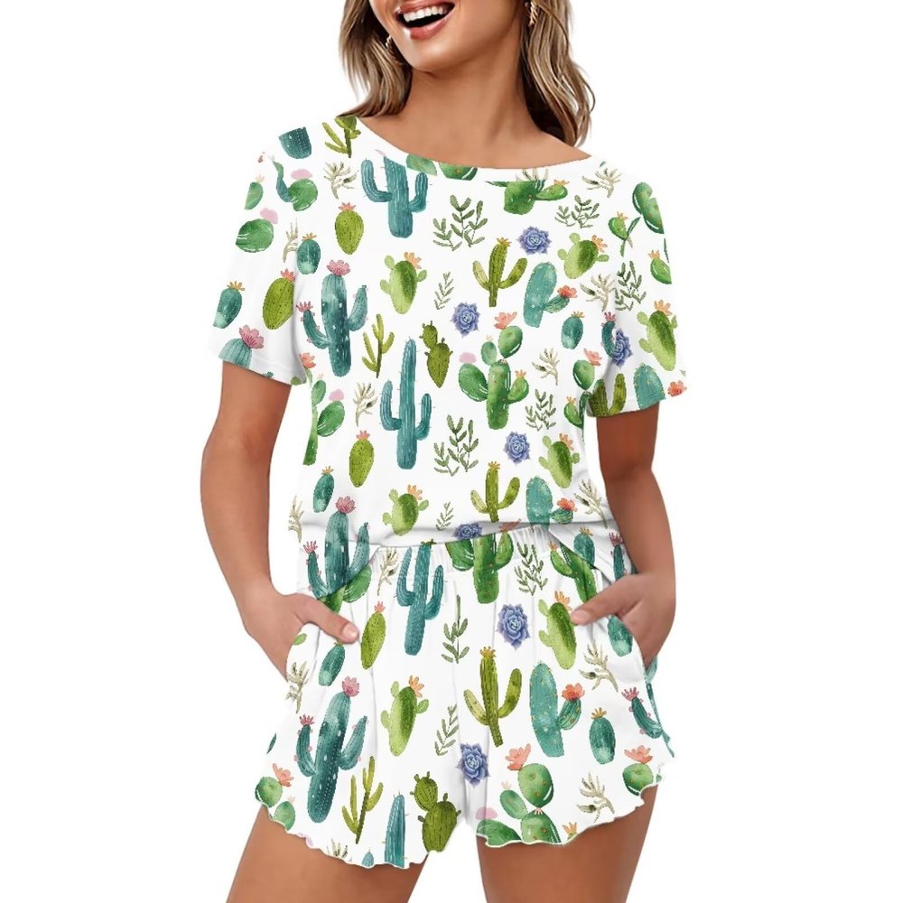 HELLHERO Cactus Pajamas Set for Women Summer Pjs T Shirt with Shorts Soft Loungewear Sleepwear Nightwear Clothes Outdoor Running Yoga Holiday Party Wedding 3X