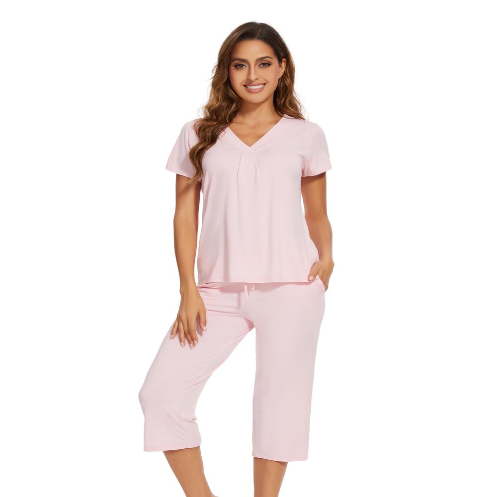 WiWi Bamboo Viscose Womens Pajamas Set Cool Short Sleeve with Capris Sets Super Soft Sleepwear with Pockets S-XXL, Pink, X-Large