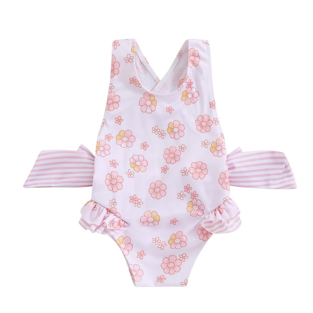 Toddler Girls Summer One Piece Bathing Suit Kids Girl Swimsuit Cute Floral Ruffles Swimwear Sleeveless Beach Wear (Light Pink-Flower, 5-6 Years)