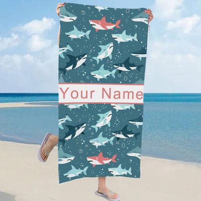 AOrgzhm Personalized Beach Towel for Boys, Quick Dry and Sand Free Custom Beach Towel 30 * 60 inch with Name, Microfiber Pool Towels for Travel Shark Pattern
