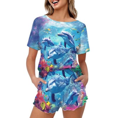 HELLHERO Adorable Dolphin Pajamas for Women Summer Sleepwear Short Sleeve T-Shirt with Shorts Sleepwear Loungewear Home Clothes Outdoor Yoga Running Holiday 2X