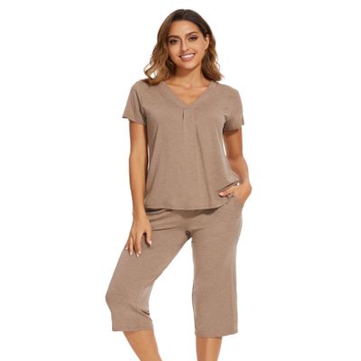 WiWi Bamboo Viscose Womens Pajamas Set Cool Short Sleeve with Capris Sets Super Soft Sleepwear with Pockets S-XXL, Camel, XX-Large