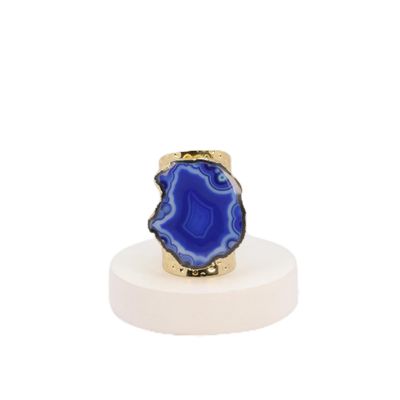 Dazzle Appeal Blue Agate Slice Ring for Women Adjustable Gold Plated Gemstone Cuff Ring Handmade Hammered Boho Statement Fashion Jewelry Gift for Her (blue)