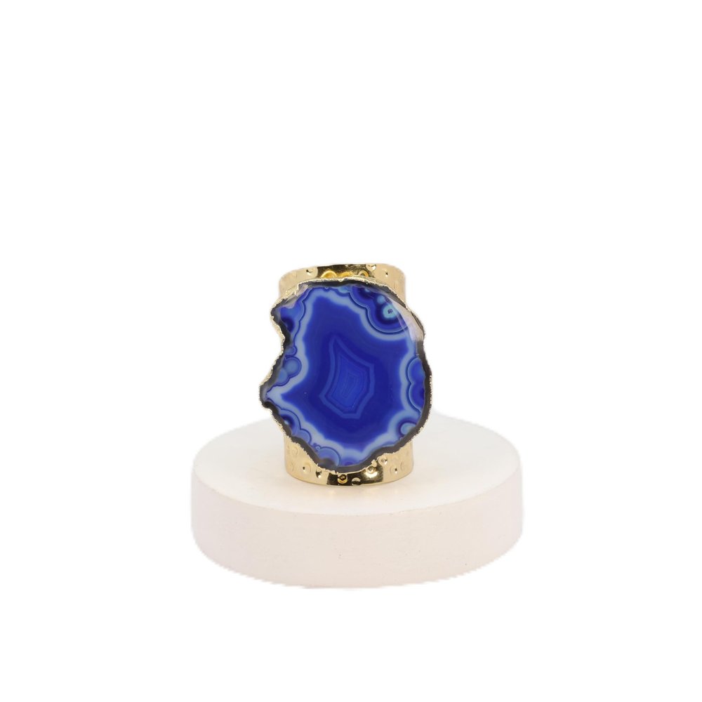Dazzle Appeal Blue Agate Slice Ring for Women Adjustable Gold Plated Gemstone Cuff Ring Handmade Hammered Boho Statement Fashion Jewelry Gift for Her (blue)