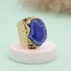 Dazzle Appeal Blue Agate Slice Ring for Women Adjustable Gold Plated Gemstone Cuff Ring Handmade Hammered Boho Statement Fashion Jewelry Gift for Her (blue) view 2