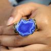 Dazzle Appeal Blue Agate Slice Ring for Women Adjustable Gold Plated Gemstone Cuff Ring Handmade Hammered Boho Statement Fashion Jewelry Gift for Her (blue) view 3