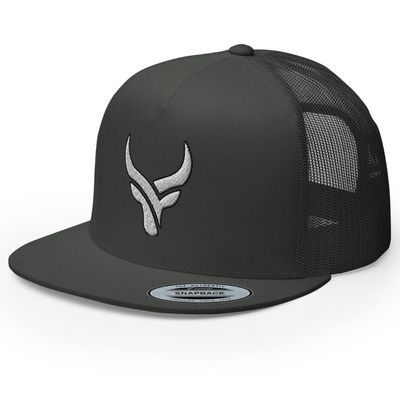 RIVEMUG Bull Head Cowboy Trucker Hat | Flat Bill High Crown Adjustable | Country Western Ranch Cap Charcoal