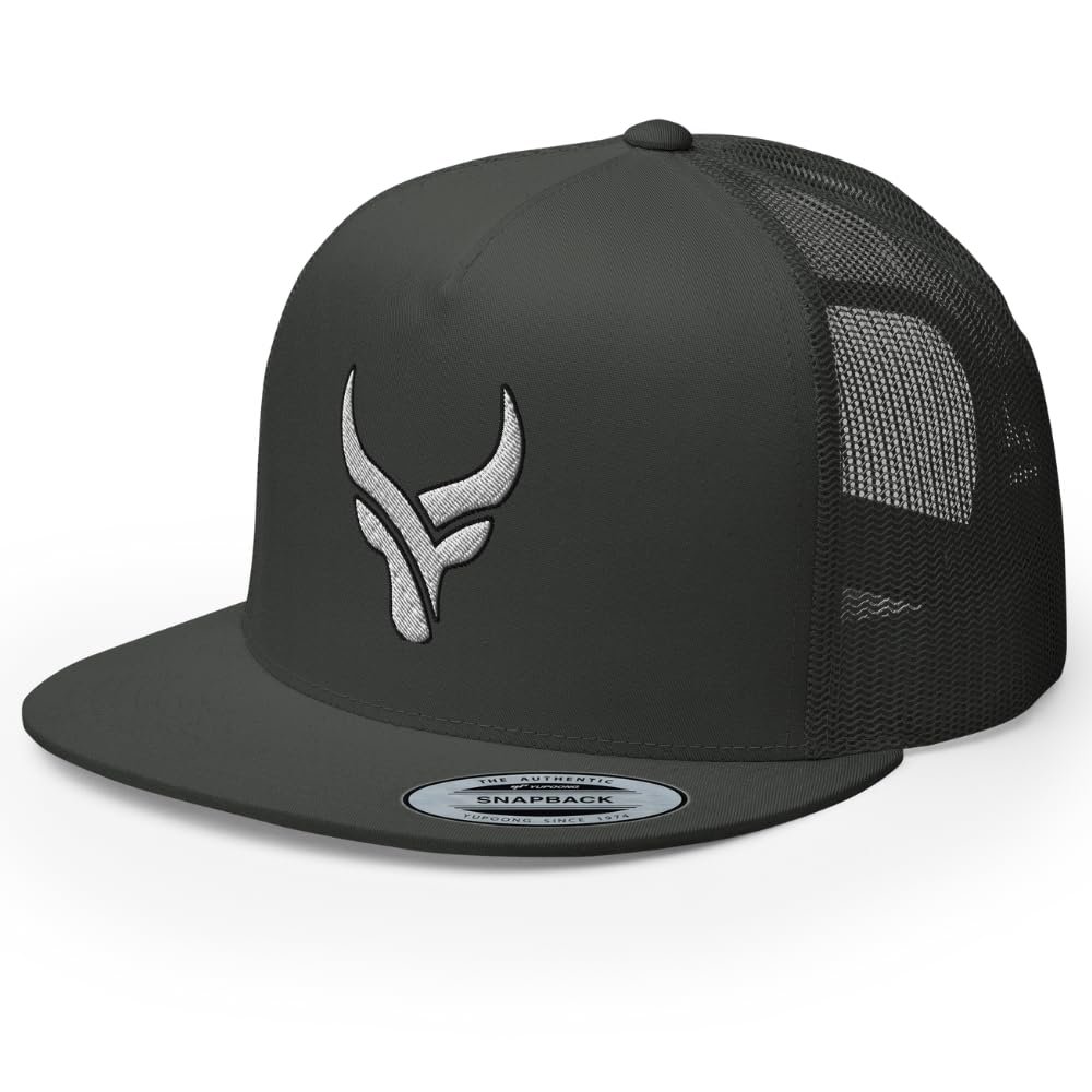 RIVEMUG Bull Head Cowboy Trucker Hat | Flat Bill High Crown Adjustable | Country Western Ranch Cap Charcoal