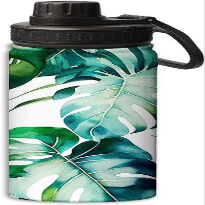 Green tropical palm leaves design 18 oz Sports Insulated Kettle,Stainless Steel Insulated Cup Sport Bottles-Double Walled, Green and white