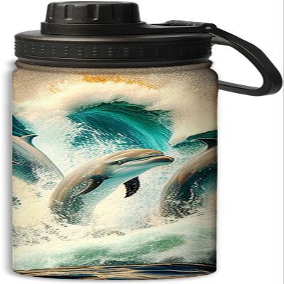Dolphin jumping on the waves design 18 oz Insulated Water Bottle,Double Wall Vacuum Metal Reusable Water Bottle Bottle,Reusable Sports Flask For Cold Drink, Blue