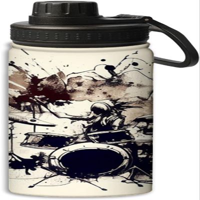 NineFit Basics Hand drawn drum set and drummer design 18 oz Sports Insulated Kettle Stainless Steel Water Bottles Outdoors,Leak Proof, White and black, 164-bwb0324bb350007-01