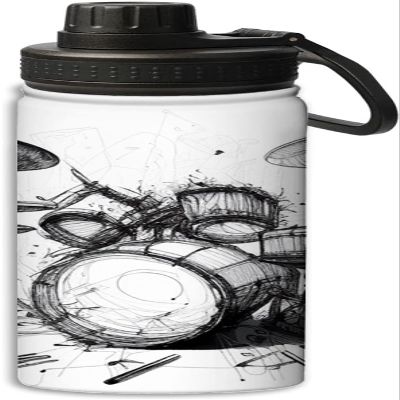 Hand drawn drum set design Insulated Water Bottles 18 oz - Double Wall Vacuum Insulated Sports Water Bottle,Leak Proof, White and black