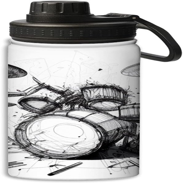 Hand drawn drum set design Insulated Water Bottles 18 oz - Double Wall Vacuum Insulated Sports Water Bottle,Leak Proof, White and black