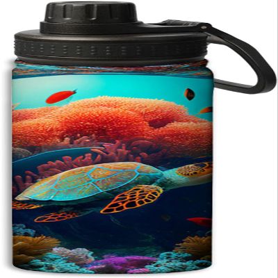 Colorful corals and turtles design 18 oz Sports Insulated Kettle Stainless Steel Water Bottles Outdoors,Leak Proof, Red and black