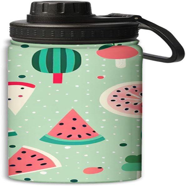 Watermelon on green background design 18 oz Insulated Water Bottle, Double Wall Vacuum Stainless Steel Water Bottle,Water Bottle Keeps Hot or Cold Sports Gym,Green and red