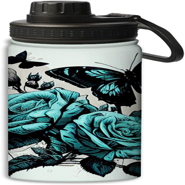 Illustration of blue roses and butterflies design Insulated Water Bottles 18 oz - Double Wall Vacuum Insulated Sports Water Bottle,Leak Proof, Blue