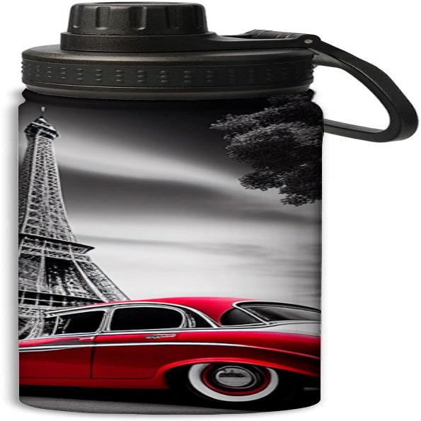 Red car and building design design 18 oz Insulated Water Bottle, Double Wall Vacuum Stainless Steel Water Bottle,Water Bottle Keeps Hot or Cold Sports Gym, Red and black