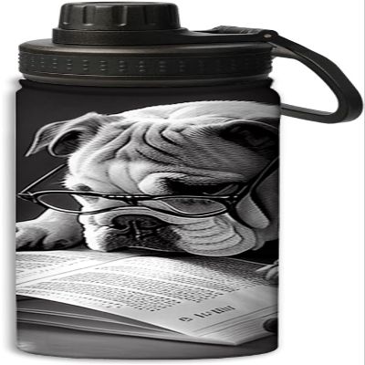 NineFit Basics Dog wearing glasses while reading book design 18 oz Insulated Water Bottle, Double Wall Vacuum Stainless Steel Water Bottle,Water Bottle Keeps Hot or Cold Sports Gym,Black