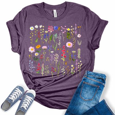 GyftWear Boho Shirts for Women Vintage Floral Wildflowers T Shirts Floral Trendy Graphic Tees, 3X-Large, Zd - Heather Team Purple