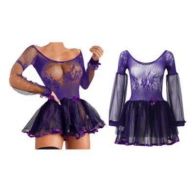 NineFit Basics Women Lingerie Babydoll Lace Sexy Lace Lingerie Sexy Mesh Lingerie Underwear Dress (Purple, L), Large