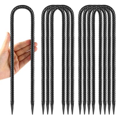 12 Inches Trampoline Wind Stakes, Heavy Duty U Stakes for Ground, 8-Pack Trampoline Tie Down Anchor Kit for Swing Set and Soccer Goal Galvanized Steel Anchors Black