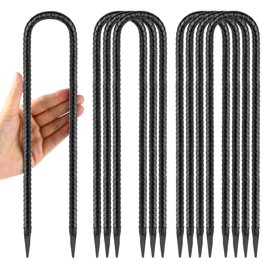 12 Inches Trampoline Wind Stakes, Heavy Duty U Stakes for Ground, 8-Pack Trampoline Tie Down Anchor Kit for Swing Set and Soccer Goal Galvanized Steel Anchors Black