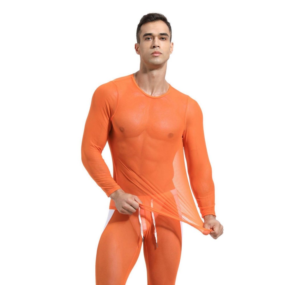 Wayonge Mens Bodysuit with Sheer Mesh for Fitness and Workout Transparent Mens Shapewear Bodysuits Body Suit (Orange,L)