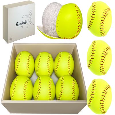 HANKLENSS 6/12 Pack Sports Practice Softballs - 12-Inch Official Size and Weight Slowpitch Softball, Unmarked & Leather Covered Training Ball for Games, Practice and Training, Yellow (6)