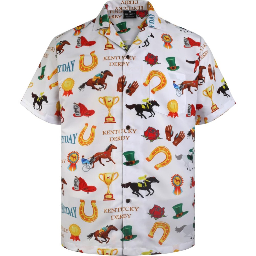 BEFOYI Kentucky Derby Horse Pattern Hawaiian Shirt for Men - Horse Lover's Gift - Button Down Short Sleeve - Horse Racing Theme, Small
