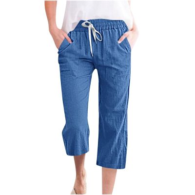 LRMQS Capri Pants for Women Casual Summer 2025 Drawstring Capris Linen Pants Pockets Beach Straight Wide Leg Cropped Trousers