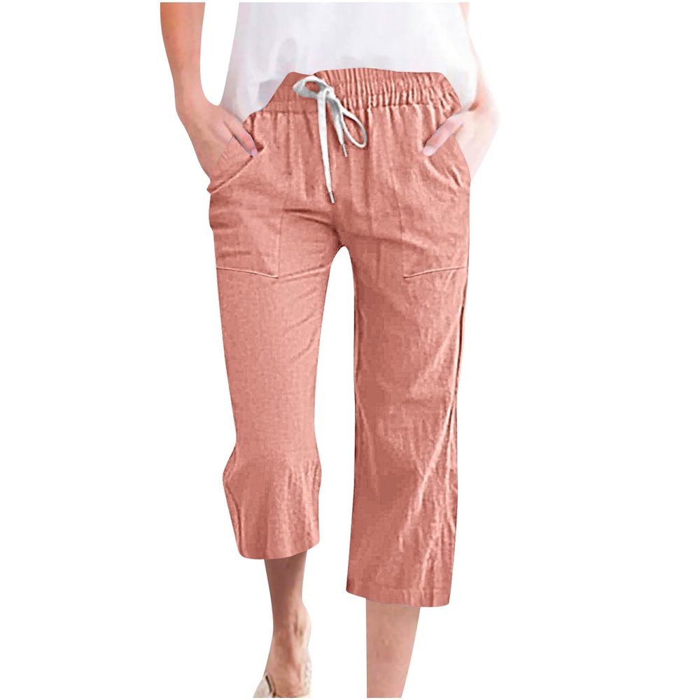 Capri Pants for Women Casual Summer 2025 Drawstring Capris Linen Pants Pockets Beach Straight Wide Leg Cropped Trousers