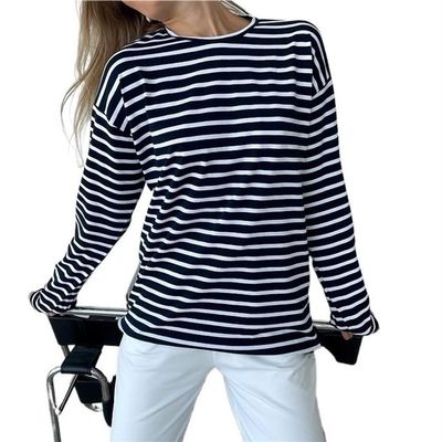 Lymzpwg Women's Long-Sleeved Striped T-Shirt Casual Round Neck Pure Cotton Striped T-Shirt (Color : Black2, Size : Medium)